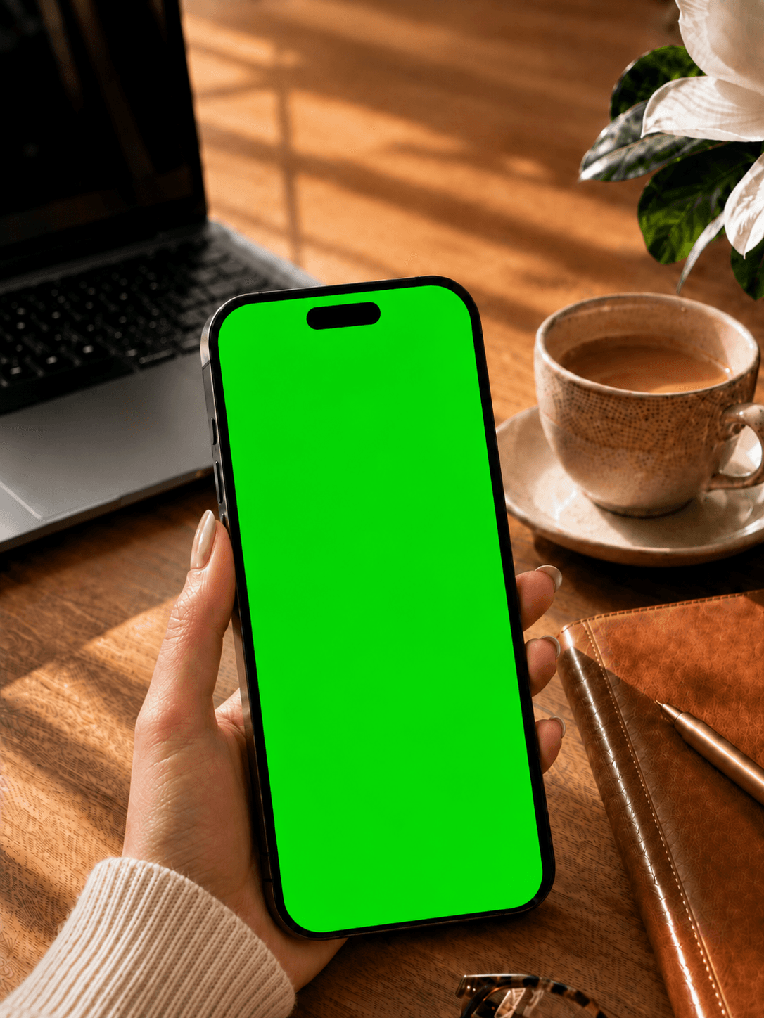 Celular na mão de uma profissional mostrando o painel do IStudio com novos agendamentos chegando